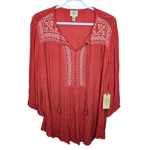NWT St. Johns Bay Dark Coral White Embroidered Boho Tunic Top 0X Womens - Picture 1 of 10